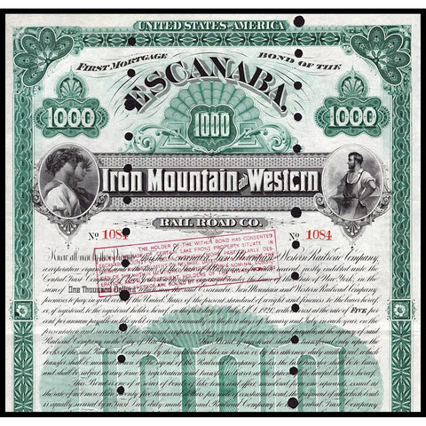 Escanaba, Iron Mountain and Western Railroad Co. 1890 Bond Certificate