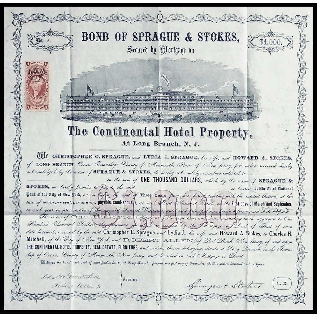 The Continental Hotel Property 1866 New Jersey Bond Certificate