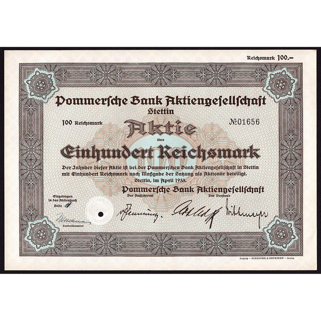 Pommersche Bank Aktiengesellschaft, Stettin 1933 Stock Certificate