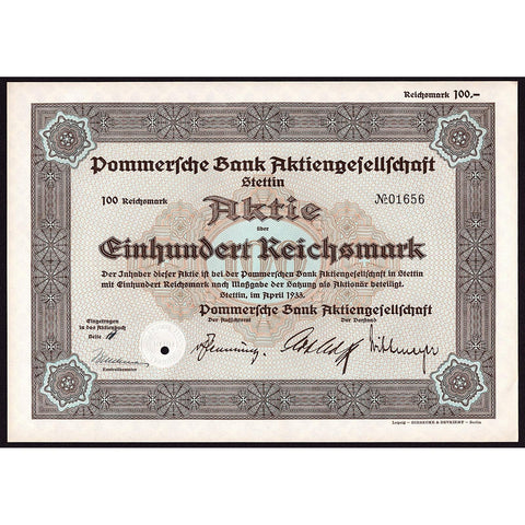 Pommersche Bank Aktiengesellschaft, Stettin 1933 Stock Certificate