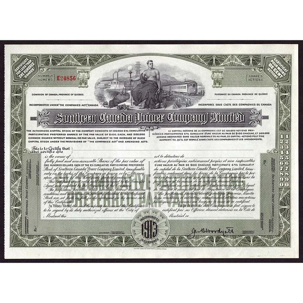 Southern Canada Power Company Limited Stock Certificate