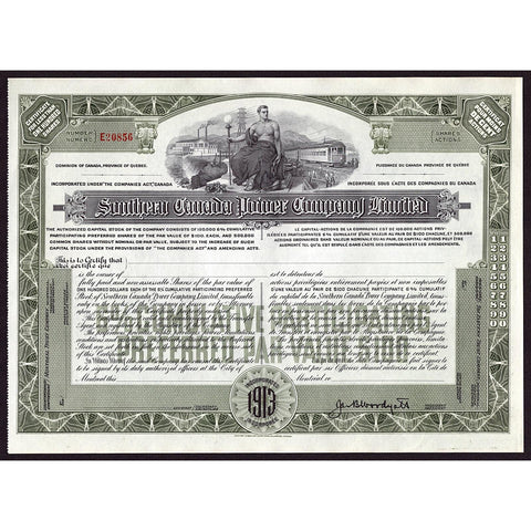 Southern Canada Power Company Limited Stock Certificate