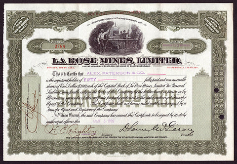 La Rose Mines, Limited Ontario Canada Stock Certificate