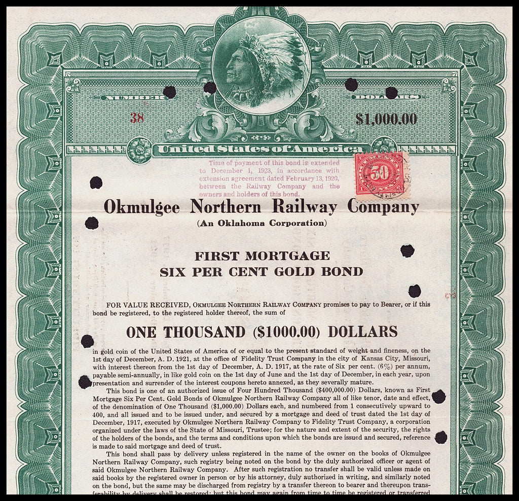 Okmulgee Northern Railway Company Gold Bond Certificate