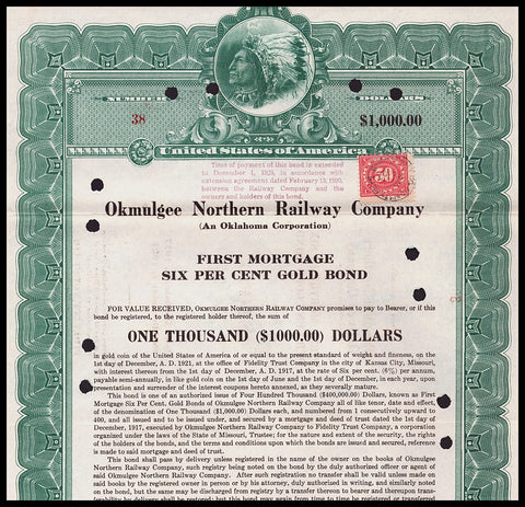 Okmulgee Northern Railway Company Gold Bond Certificate