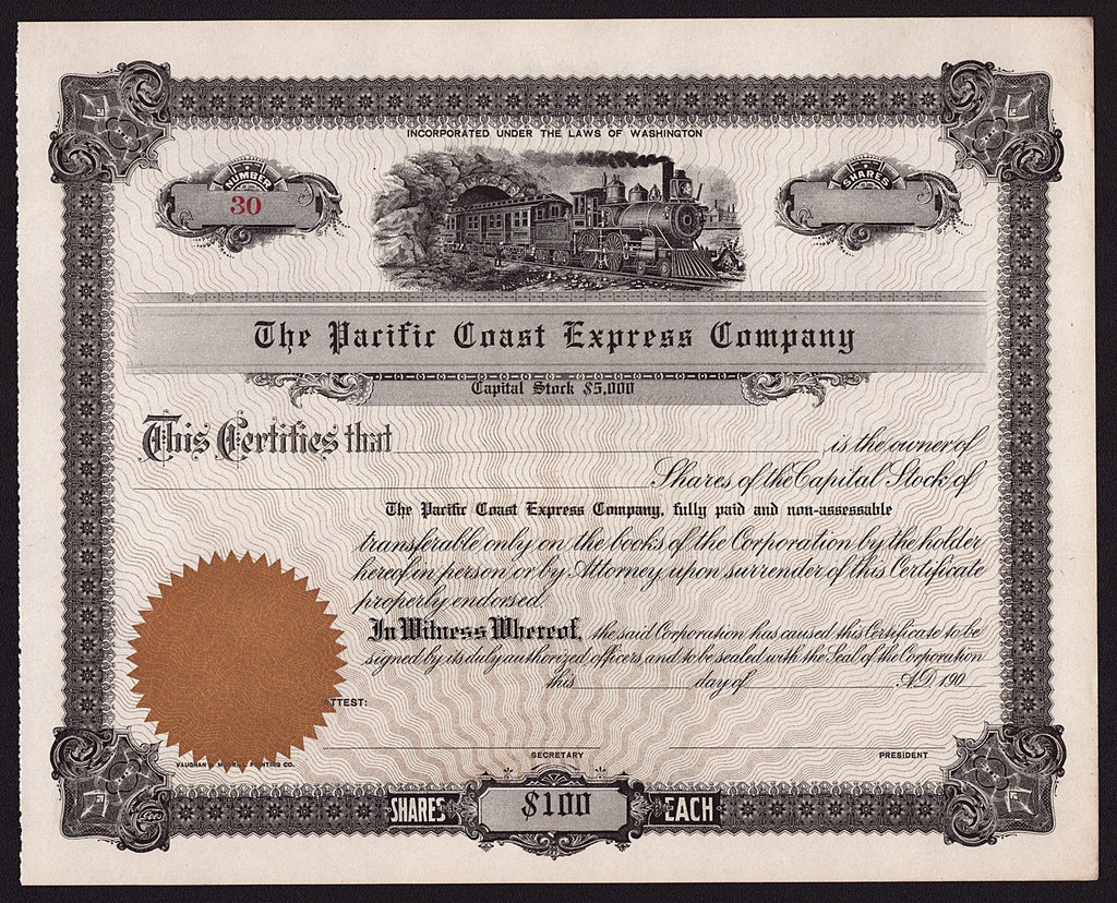The Pacific Coast Express Company (Washington) Stock Certificate