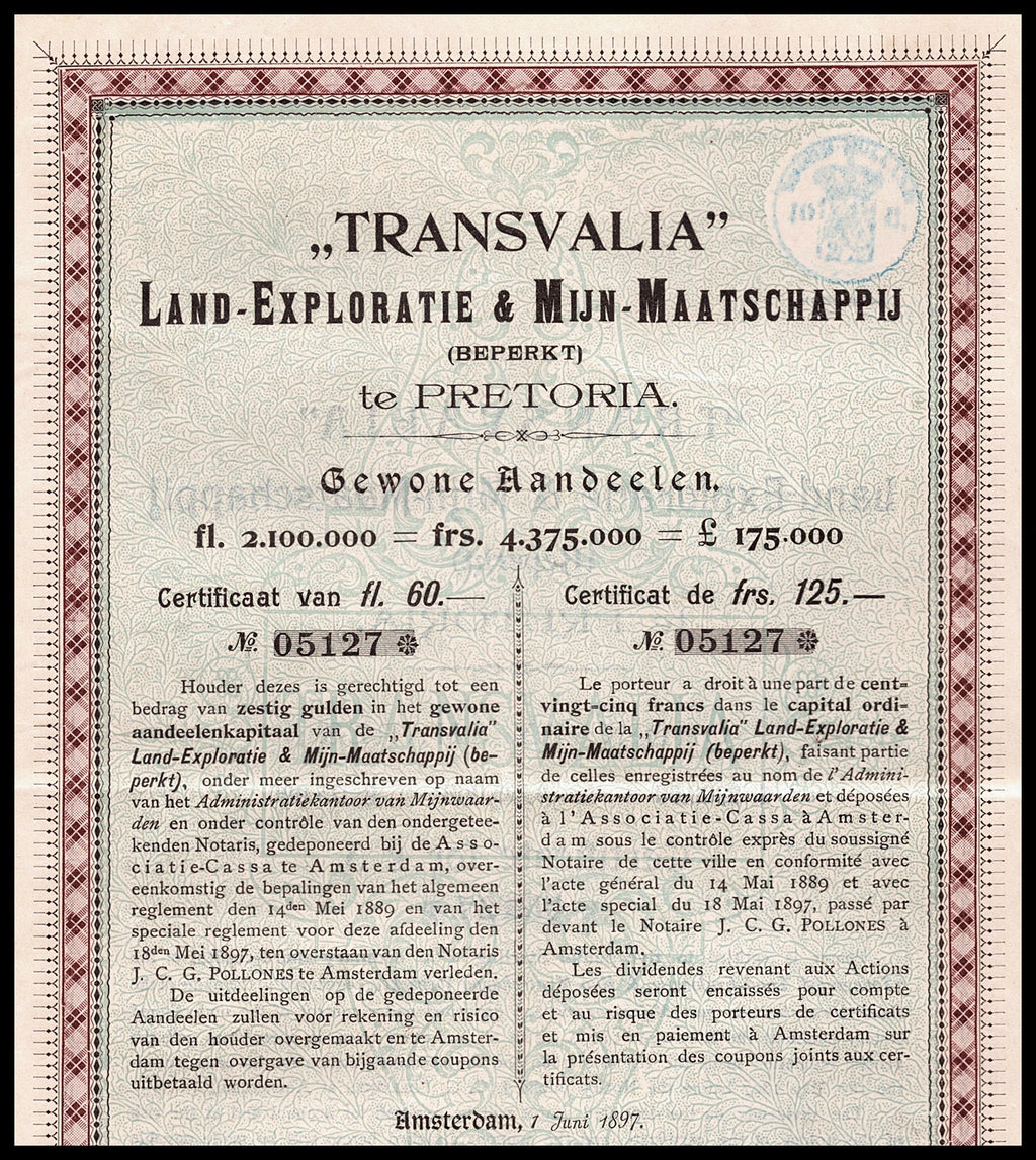 "Transvalia" Land-Exploratie & Mijn-Maatschappij te Pretoria South Africa 1897 Bond Certificate