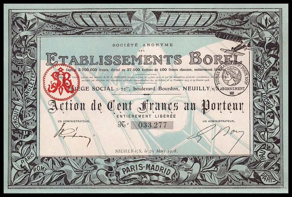 Societe Anonyme des Etablissements Borel (Cockpit Vignette) 1918 Stock Certificate