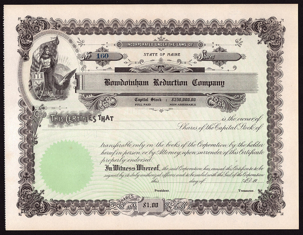 Bowdoinham Reduction Company Maine Stock Certificate