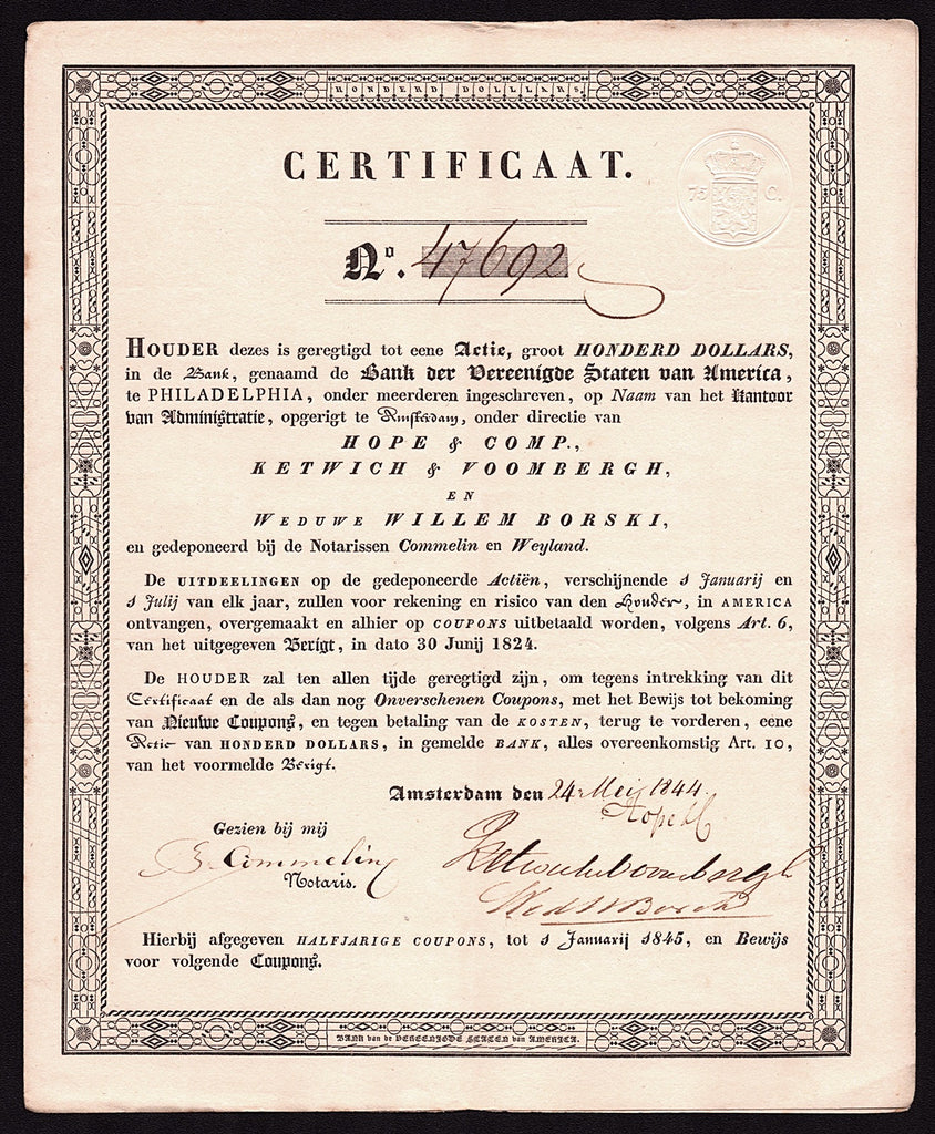 Bank der Vereenigde Staten van America 1844 Amsterdam Netherlands Stock Certificate