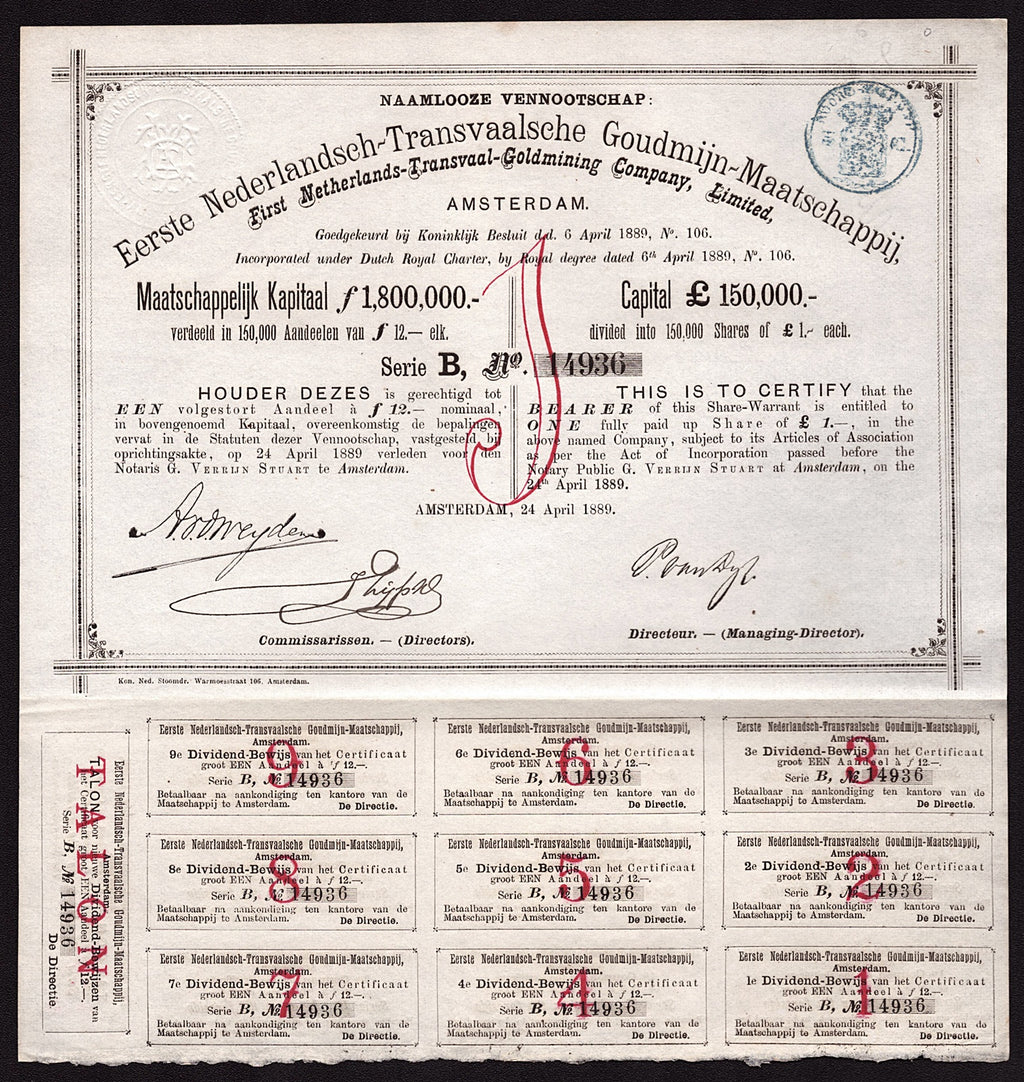 Naamlooze Vennootschap Eerste Nederlandsch-Transvaalsche Goudmijn-Maatschappij Stock Certificate