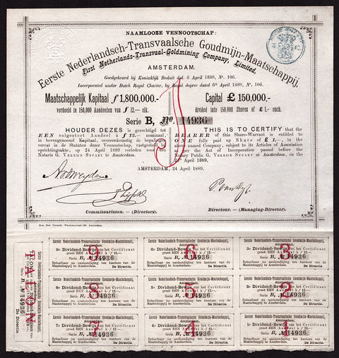 Naamlooze Vennootschap Eerste Nederlandsch-Transvaalsche Goudmijn-Maatschappij Stock Certificate