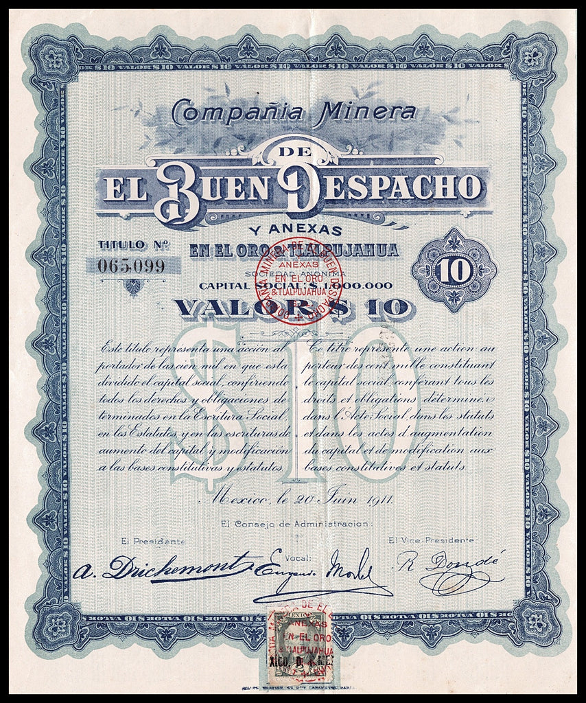 Compania Minera de El Buen Despacho y Anexas en el Oro y Tlalpujahua Stock Certificate