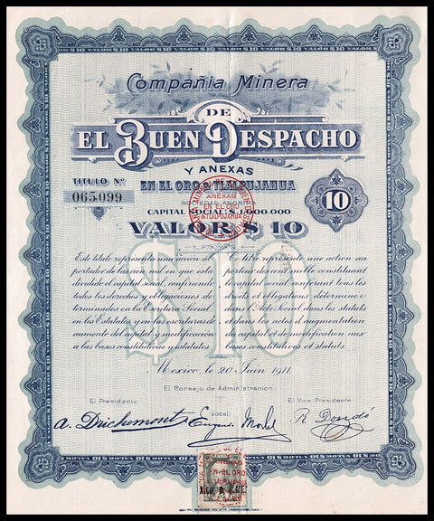 Compania Minera de El Buen Despacho y Anexas en el Oro y Tlalpujahua Stock Certificate