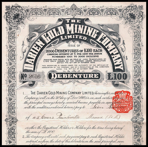 The Darien Gold Mining Company Limited 1911 Bond Certificate