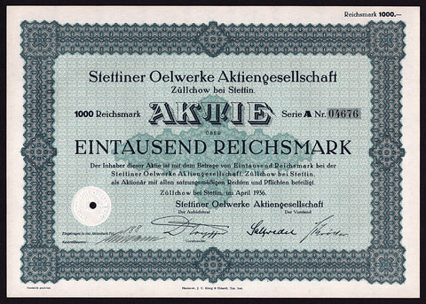 Stettiner Oelwerke Aktiengesellschaft, Züllchow bei Stettin Poland 1936 Stock Certificate