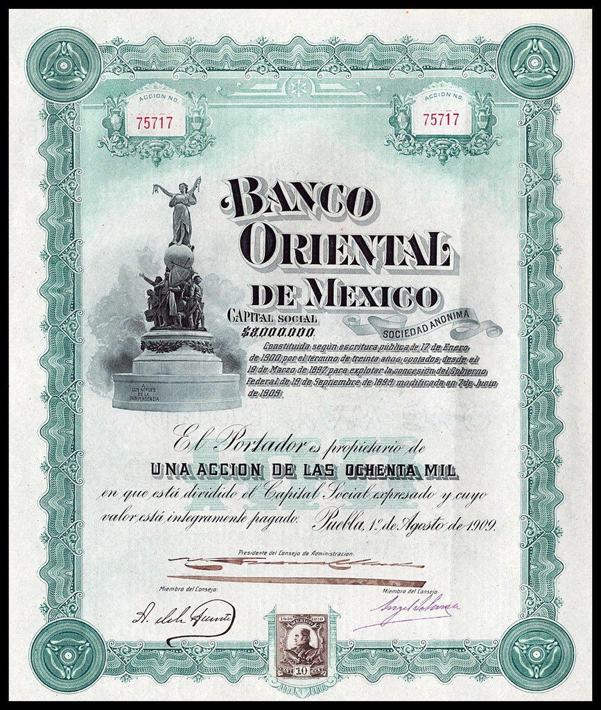 Banco Oriental de Mexico Sociedad Anonima 1909 Stock Certificate