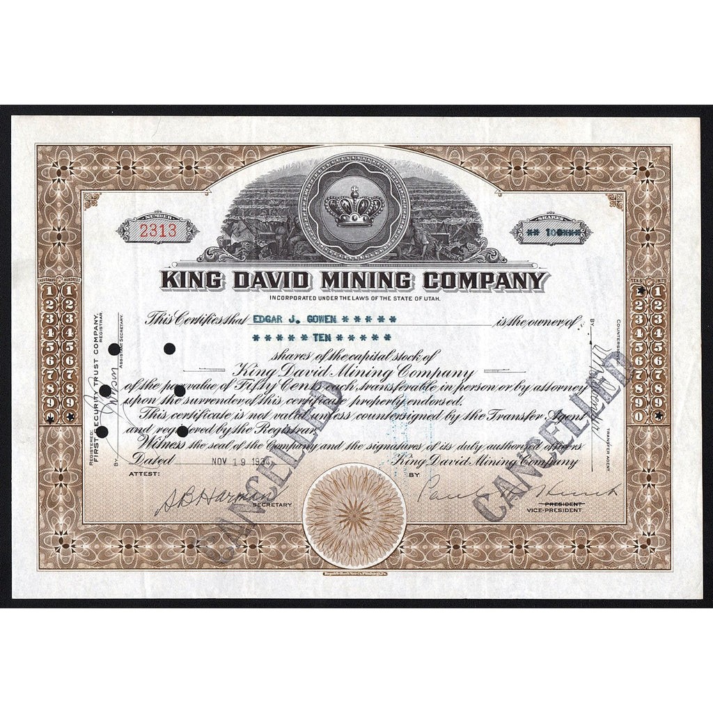 King David Mining Company Utah Stock Certificate