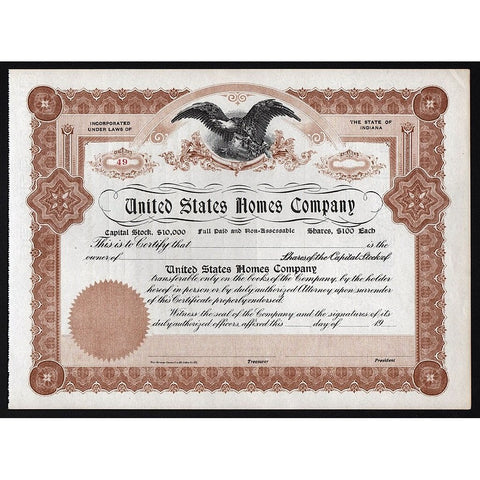 United States Homes Company Stock Certificate