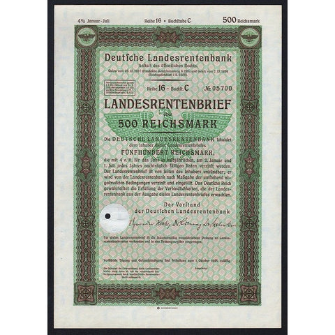 Deutsche Landesrentenbank, Landesrentenbrief über 500 Reichsmark Stock Certificate
