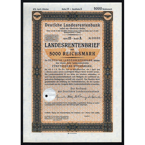 Deutsche Landesrentenbank, Landesrentenbrief über 5000 Reichsmark Stock Certificate