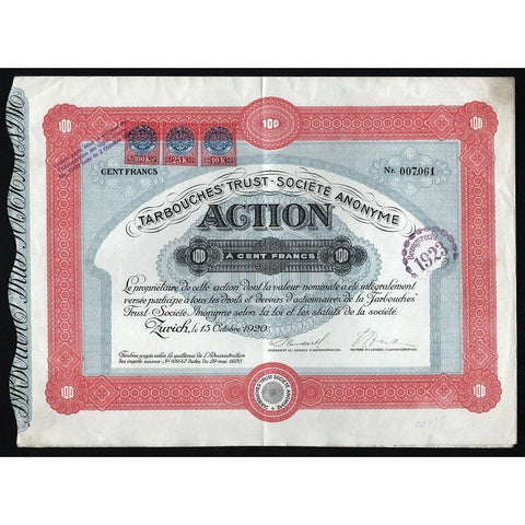 Tarbouches Trust Societe Anonyme Stock Certificate