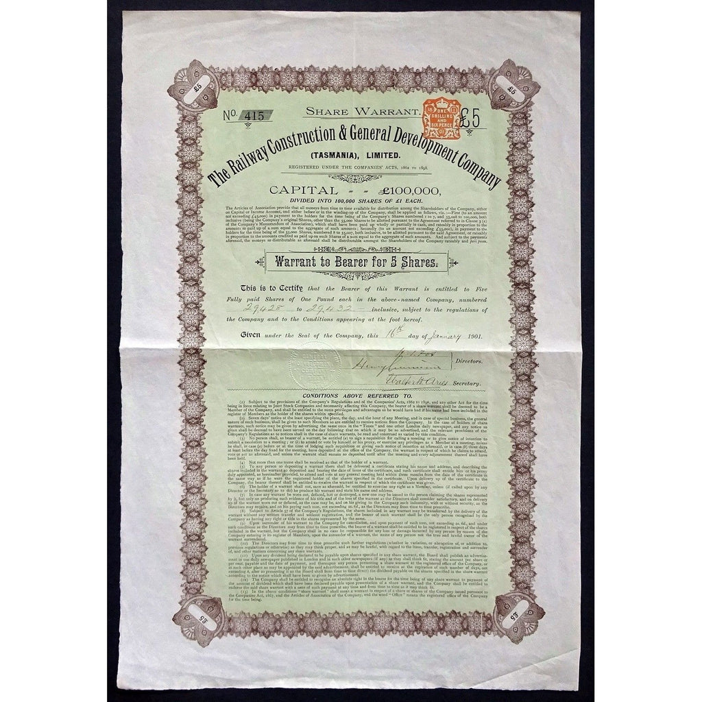 The Railway Construction & General Development Company (Tasmania), Limited Stock Certificate