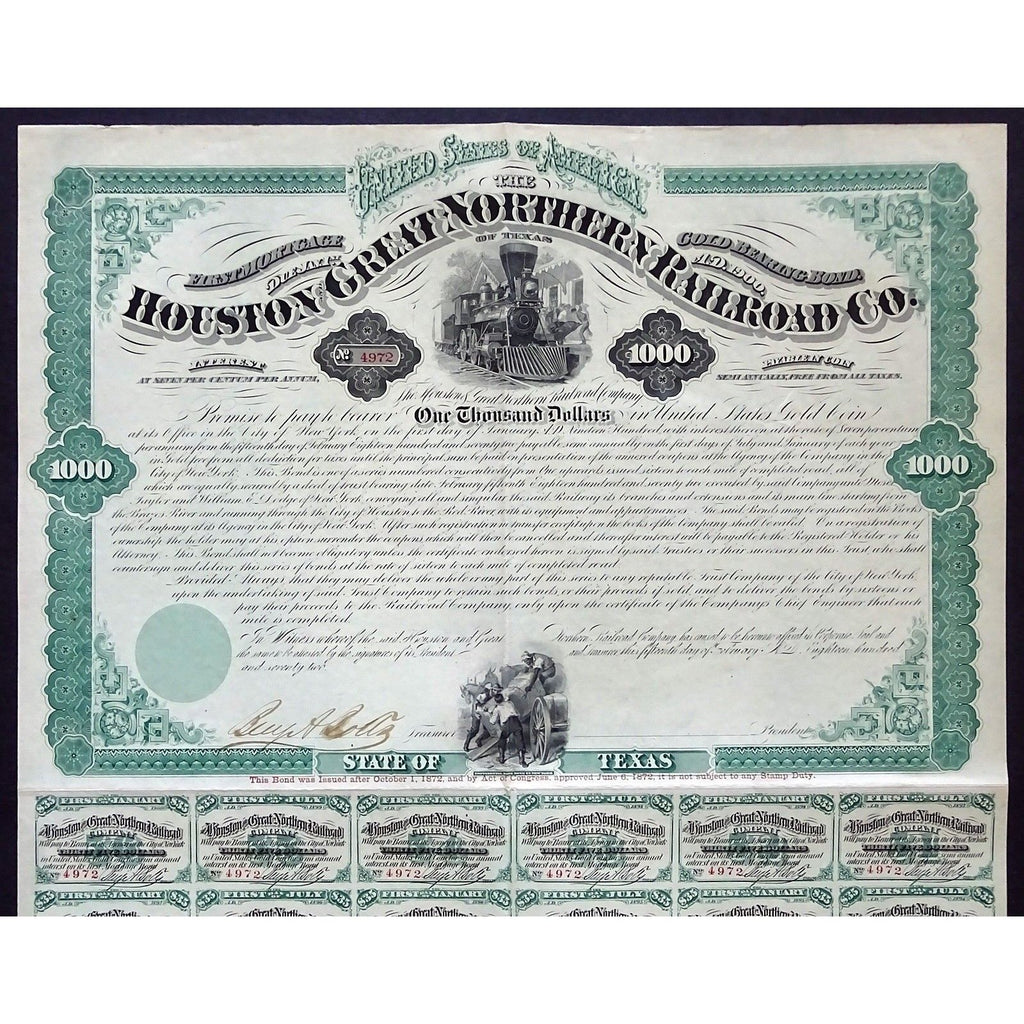 Houston and Great Northern Railroad Co. of Texas 1872 Stock Bond Certificate