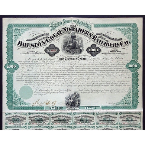 Houston and Great Northern Railroad Co. of Texas 1872 Stock Bond Certificate