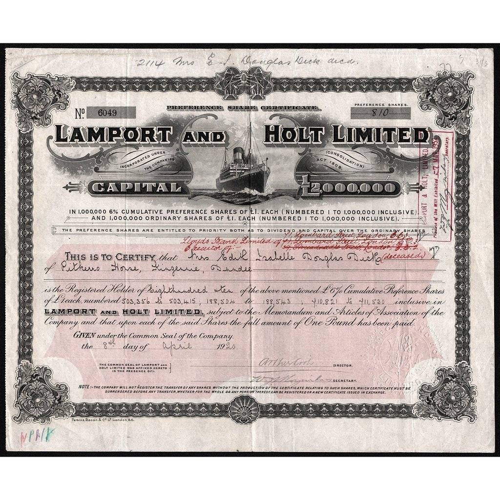 Lamport and Holt Limited Stock Certificate