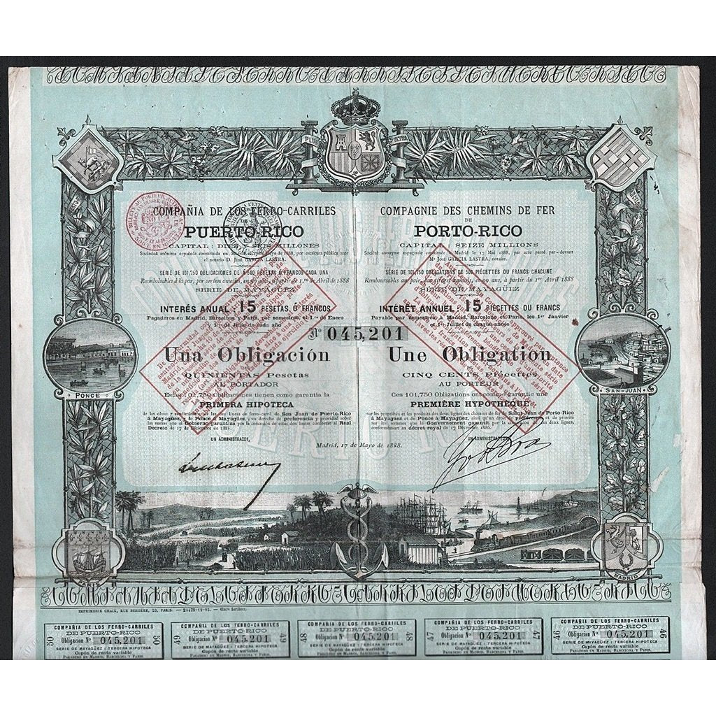 Compania de los Ferro-Carriles Puerto-Rico (Compagnie des Chemins de Fer de Porto-Rico) Stock Certificate
