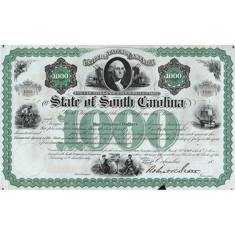 The State of South Carolina 1869 Robert Kingston Scott signature Bond Certificate