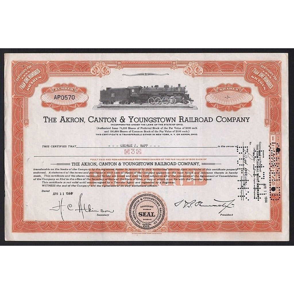 The Akron, Canton & Youngstown Railroad Company 1944 Stock Certificate