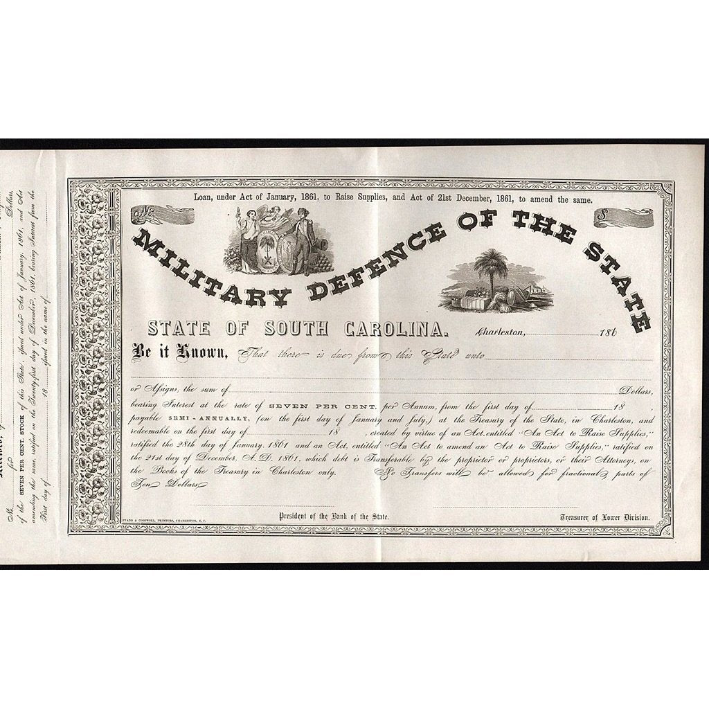 Military Defence of the State (South Carolina) Stock Certificate