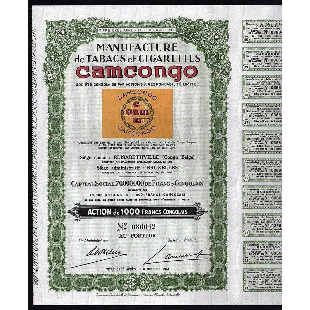 Manufacture de Tabacs et Cigarettes CAMCONGO Belgian Congo Africa Stock Certificate