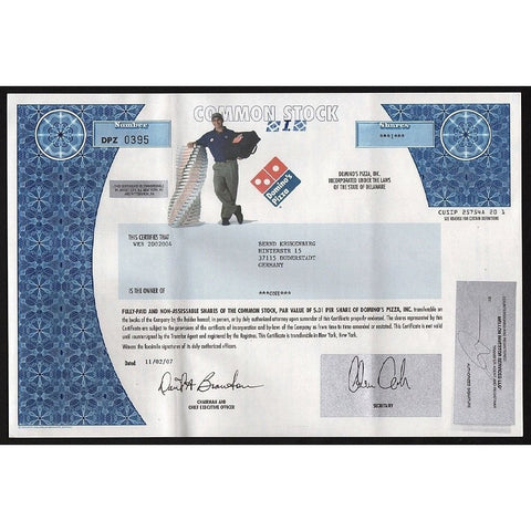 Domino's Pizza, Inc Stock Certificate