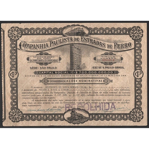 Companhia Paulista de Estradas de Ferro Stock Certificate