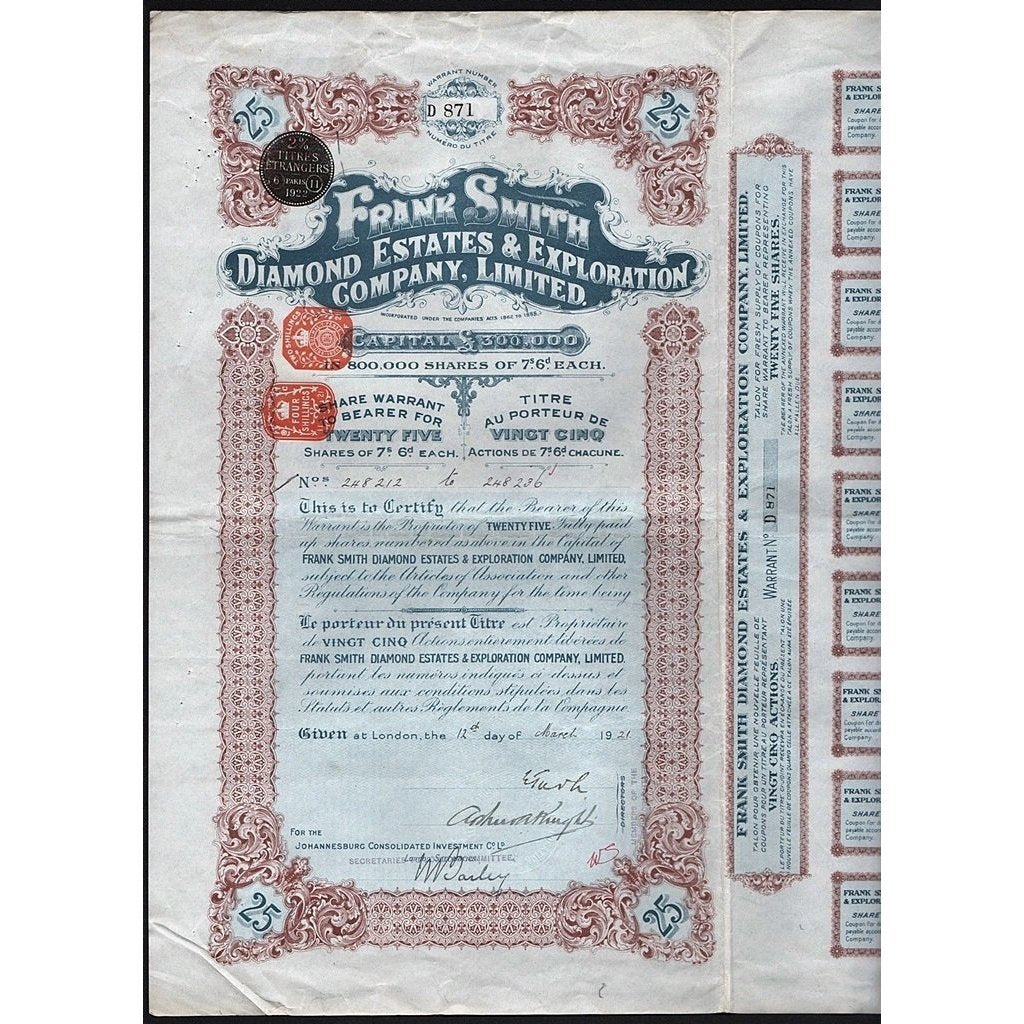 Frank Smith Diamond Estates & Exploration Company, Limited Stock Certificate