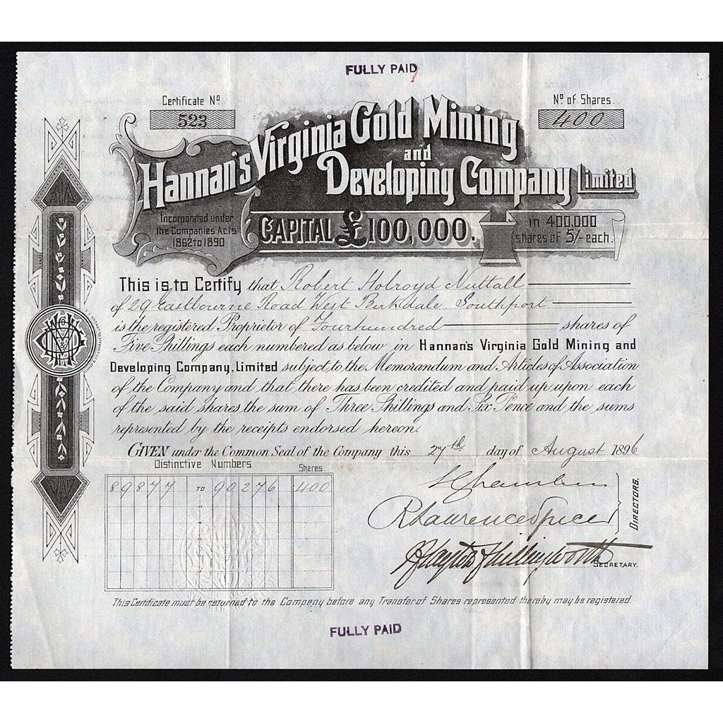 Hannan's Virginia Gold Mining and Developing Company, Limited Stock Certificate
