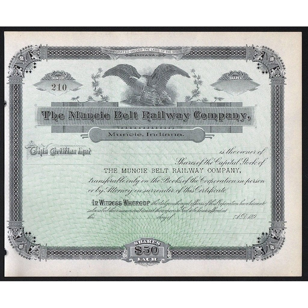 The Muncie Belt Railway Company Stock Certificate