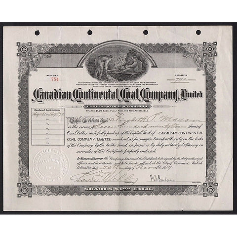 Canadian Continental Coal Company, Limited Stock Certificate