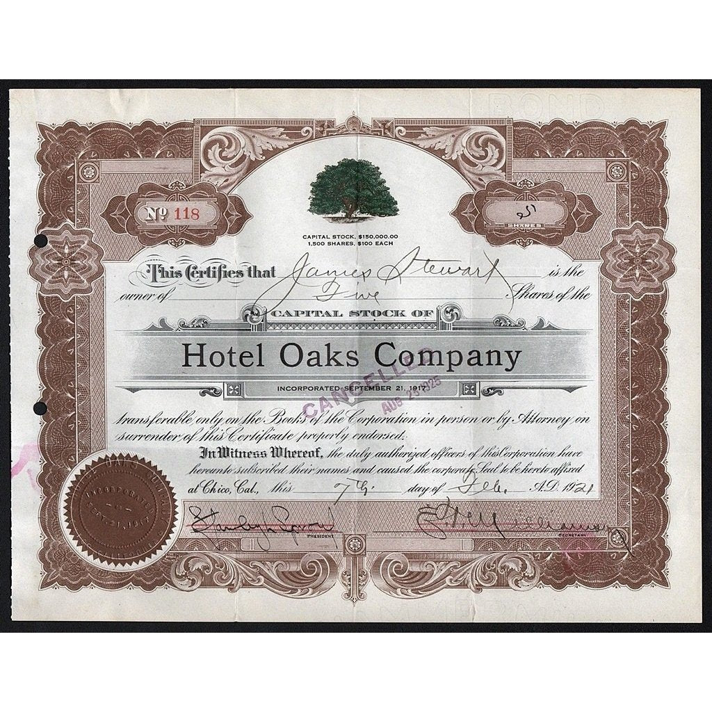 Hotel Oaks Company Stock Certificate