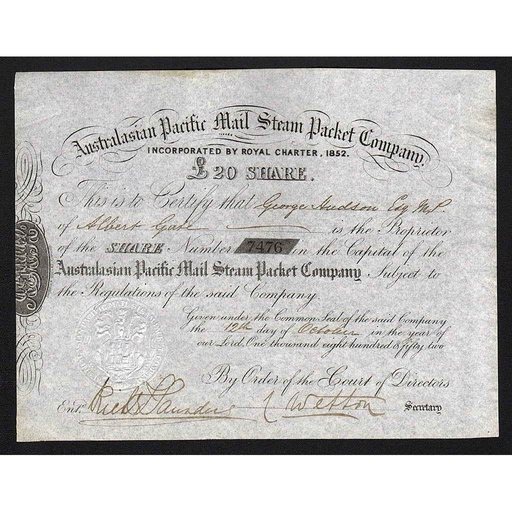 Australasian Pacific Mail Steam Packet Company Stock Certificate