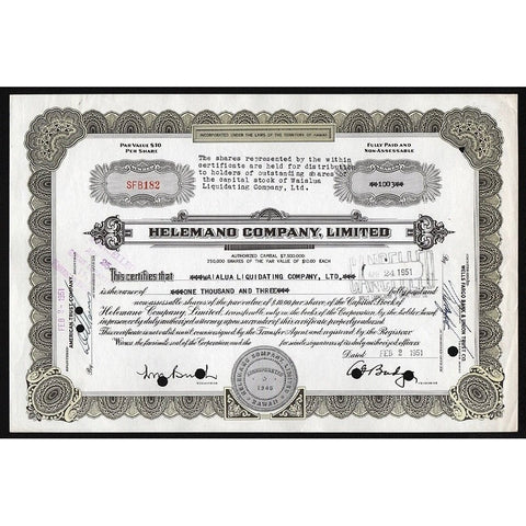 Helemano Company, Limited (Pineapple Plantation) Stock Certificate