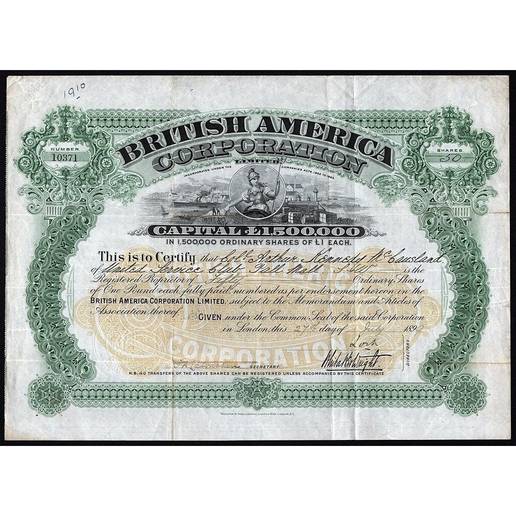 British America Corporation Limited Stock Certificate