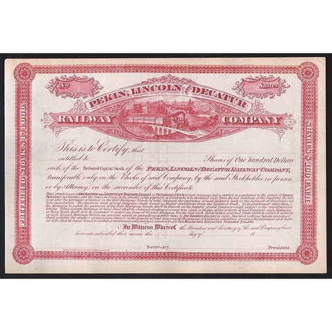 Pekin, Lincoln and Decatur Railway Company Stock Certificate