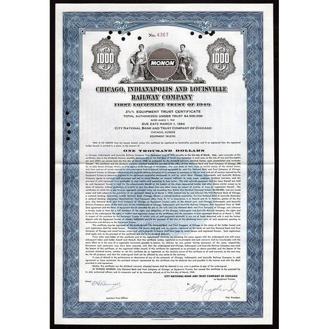 Chicago, Indianapolis and Louisville Railway Company Stock Certificate