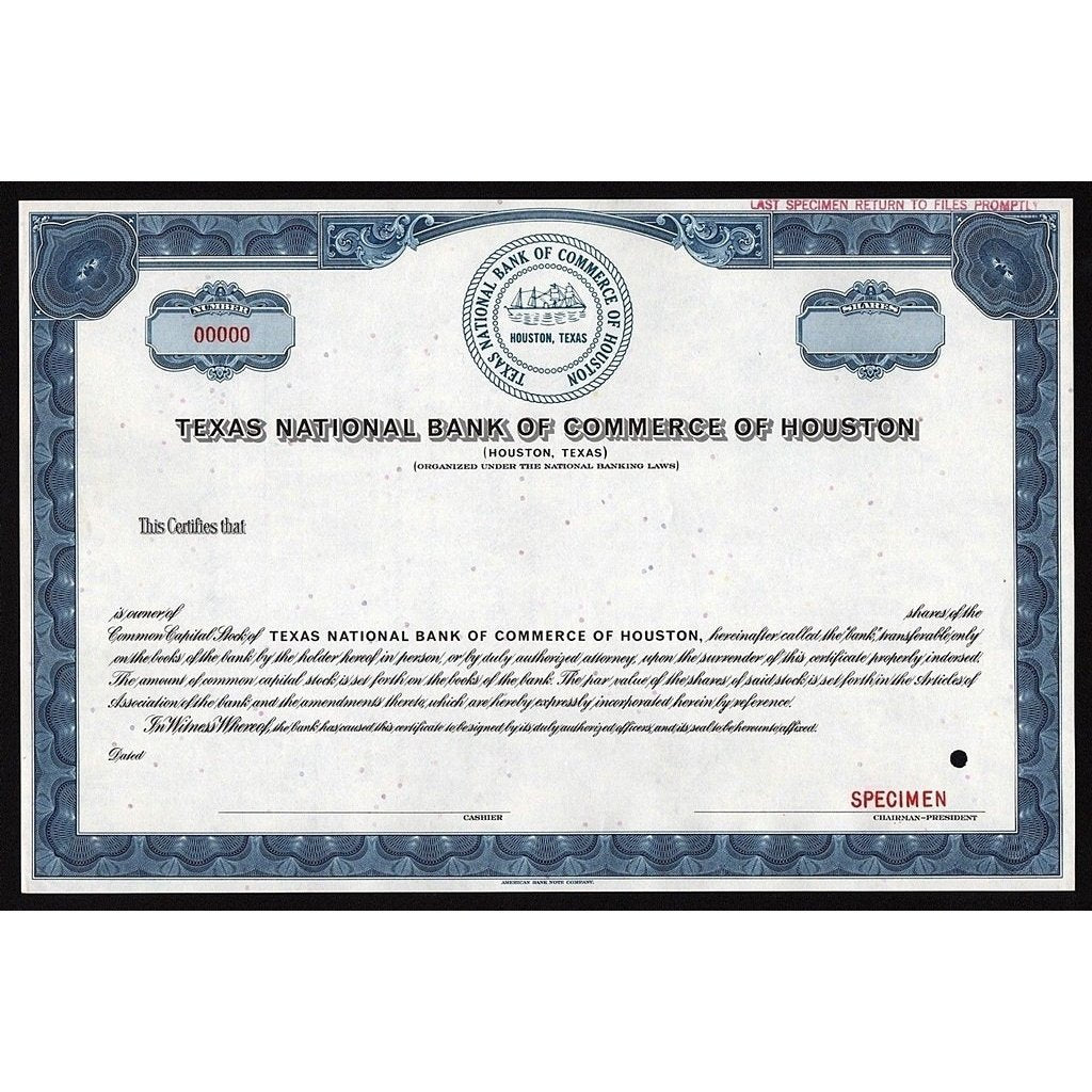 Texas National Bank of Commerce of Houston (Houston, Texas) - Specimen Stock Certificate