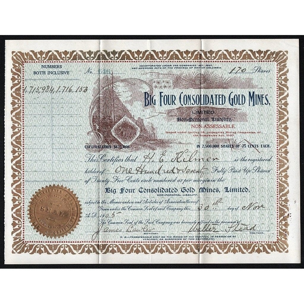Big Four Consolidated Gold Mines, Limited Stock Certificate