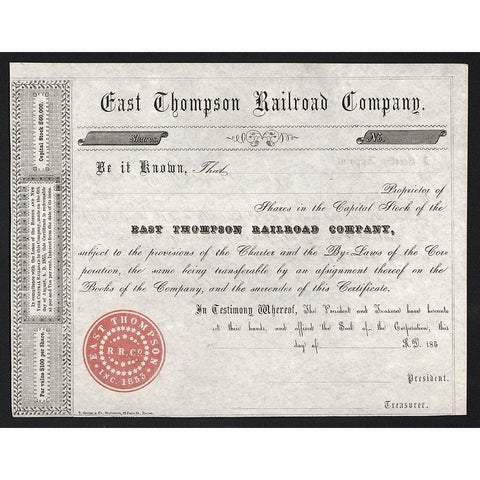 East Thompson Railroad Company Stock Certificate